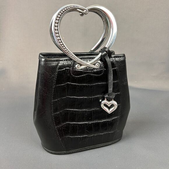 Brighton Handbags - Brighton Corazon Black Embossed Leather Silver Heart Handles NEW